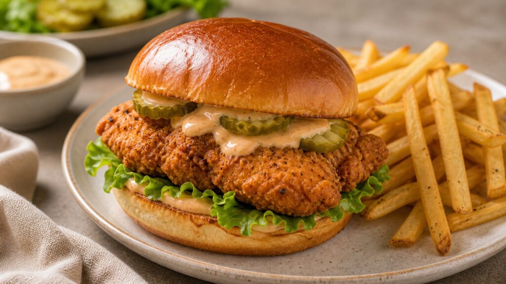 Crispy air fryer chicken sandwich with lettuce, tomato, pickles, and creamy sauce