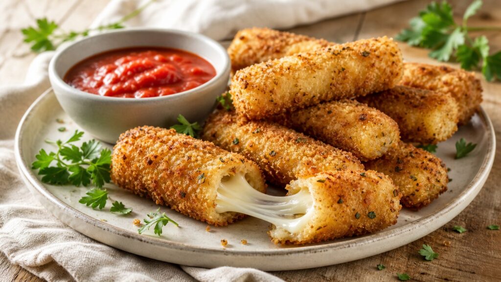 Crispy baked mozzarella sticks served with marinara sauce