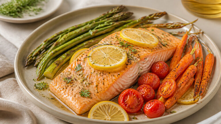 Baked salmon fillet with asparagus, carrots, tomatoes, lemon slices, and herbs
