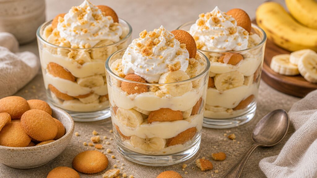 Banana pudding cups layered with pudding, banana slices, whipped cream, and vanilla wafers