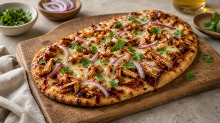 BBQ chicken flatbread with melted cheese, red onion, and barbecue sauce