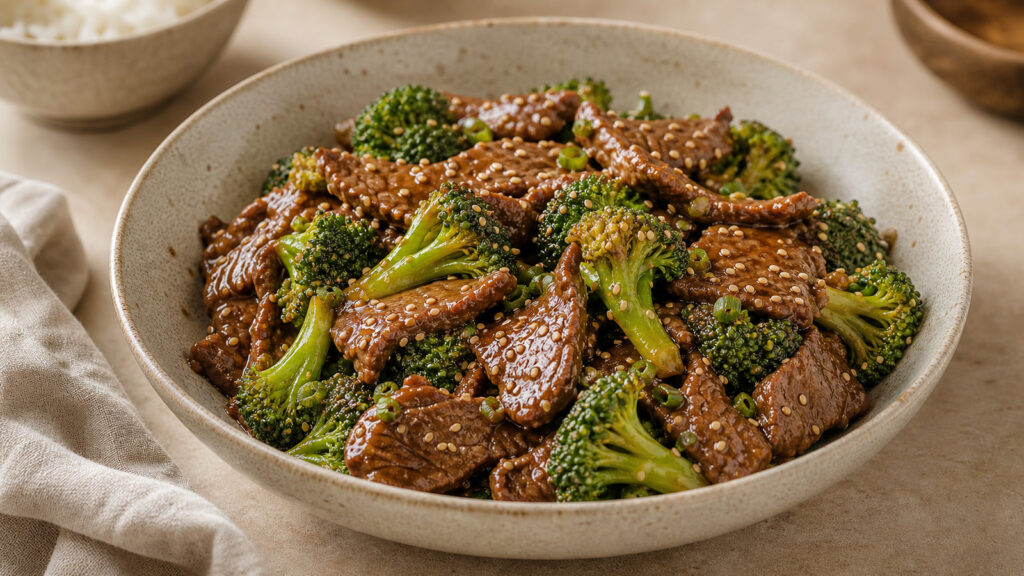 Beef and broccoli stir-fry with sesame seeds in a bowl