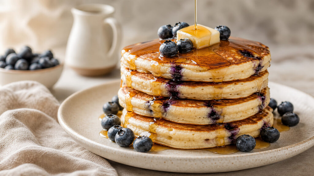 Stack of fluffy blueberry pancakes with maple syrup and fresh blueberries