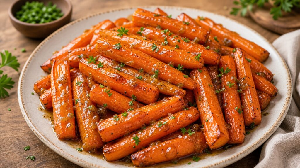 Brown sugar glazed carrots with butter glaze and parsley on a white serving plate.