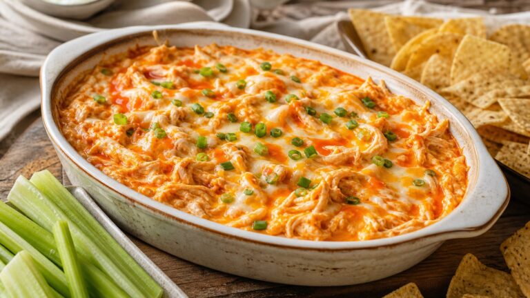 Buffalo chicken dip with melted cheese, green onions, and tortilla chips.