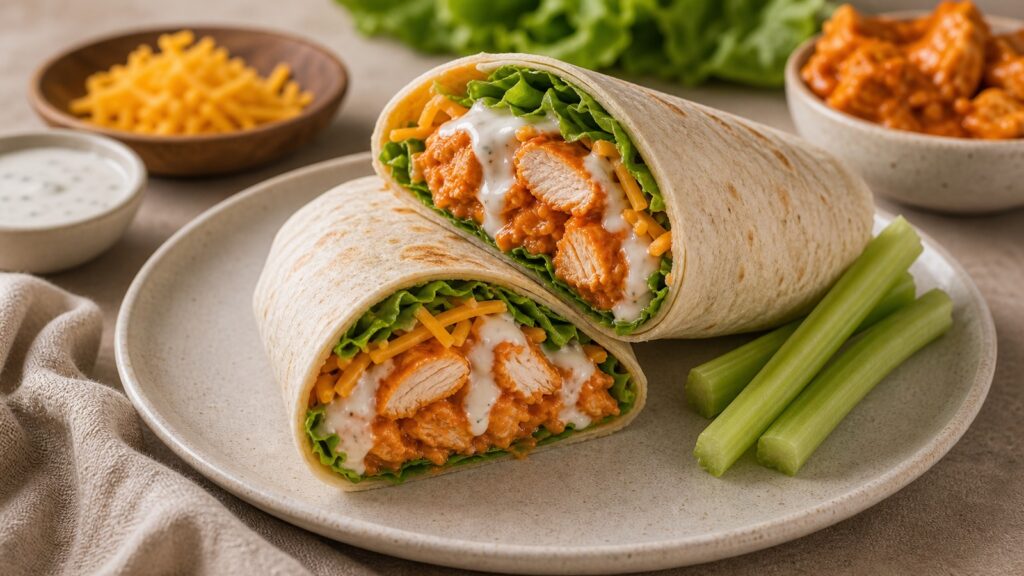 Buffalo chicken wraps cut in half with lettuce, cheese, ranch, and spicy chicken.