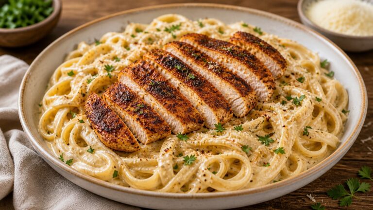 Cajun chicken alfredo with blackened chicken slices, creamy pasta, parmesan, and parsley.