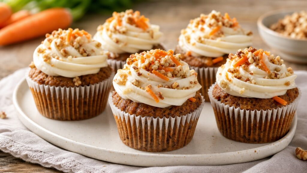 Carrot cake cupcakes with cream cheese frosting and walnut topping.