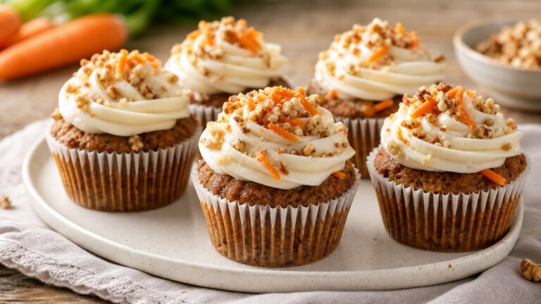 Carrot cake cupcakes with cream cheese frosting and walnut topping.