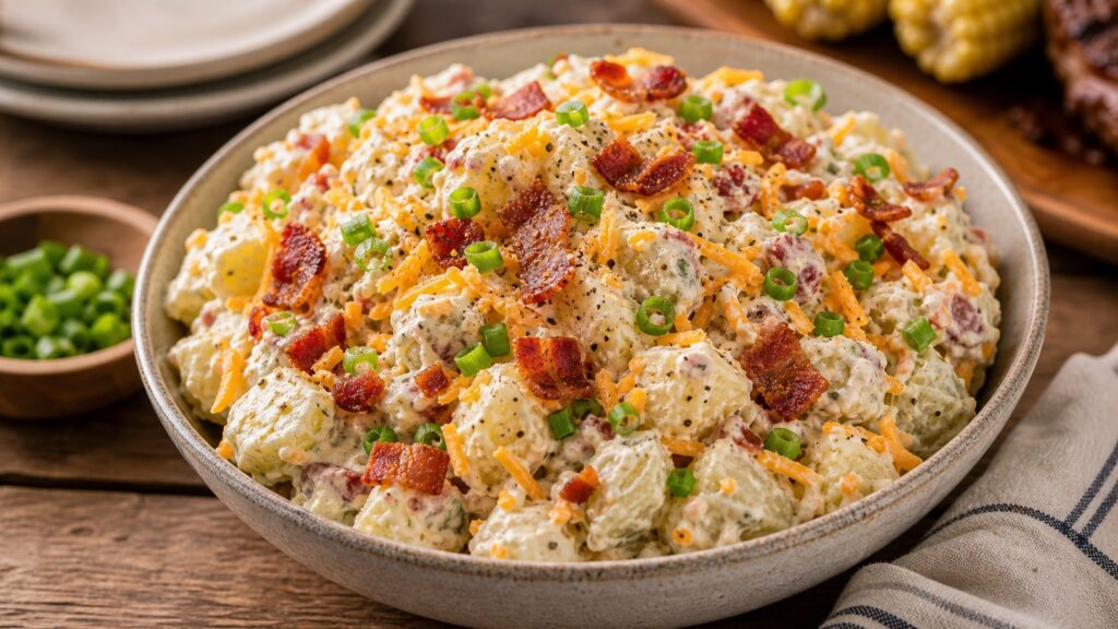 Cheddar bacon ranch potato salad in a bowl with green onions and crispy bacon.