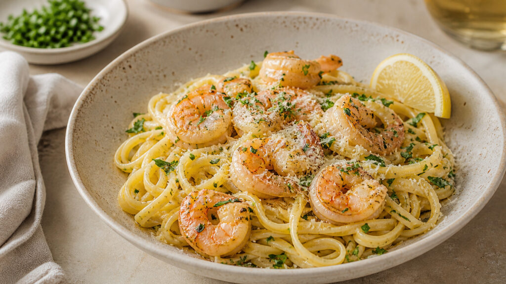Garlic butter shrimp pasta with parmesan, lemon, and herbs in a bowl