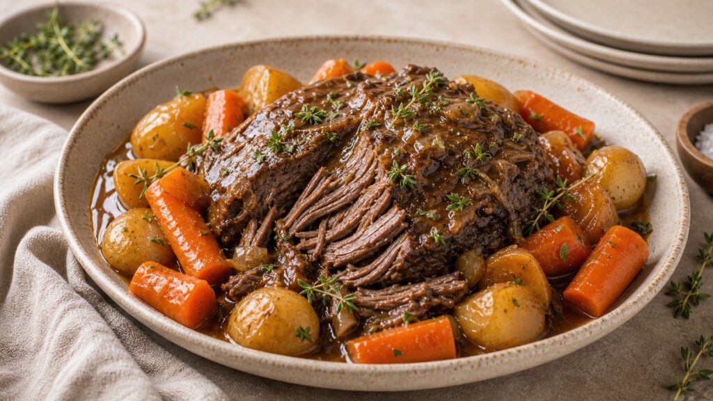 Tender slow cooker pot roast with carrots, potatoes, onions, and savory gravy