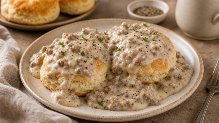 Southern biscuits and gravy with creamy sausage gravy