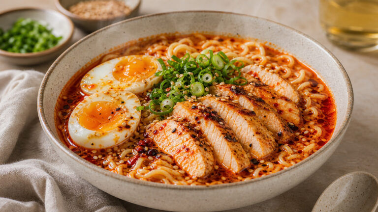 Spicy chicken ramen bowl with noodles, chicken, egg, and fresh toppings