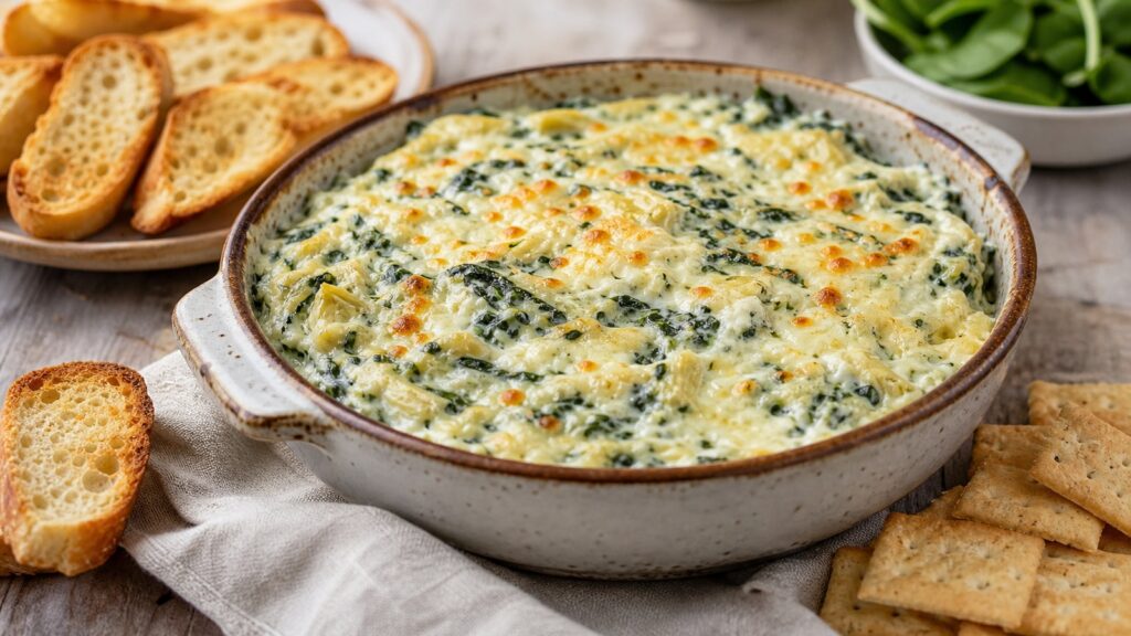 Creamy spinach artichoke dip served warm with bread and crackers