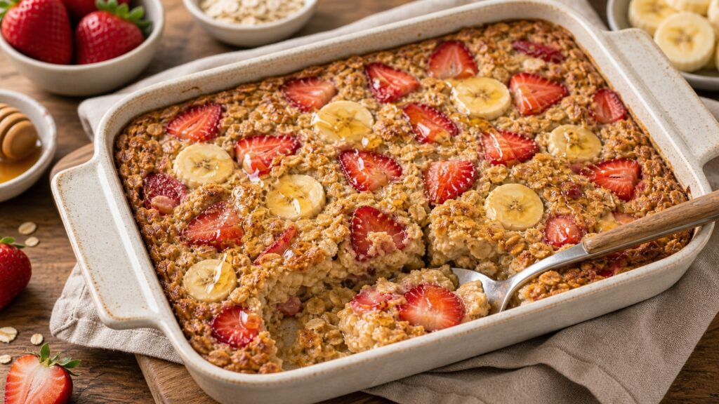 Strawberry banana baked oatmeal served warm in a baking dish