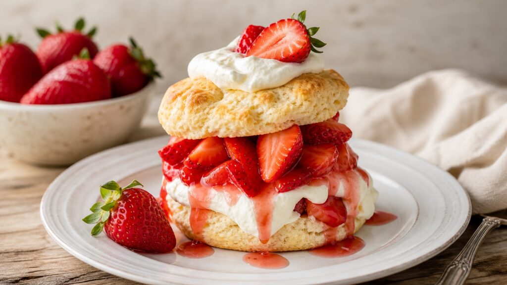 Classic strawberry shortcake with fresh strawberries and whipped cream