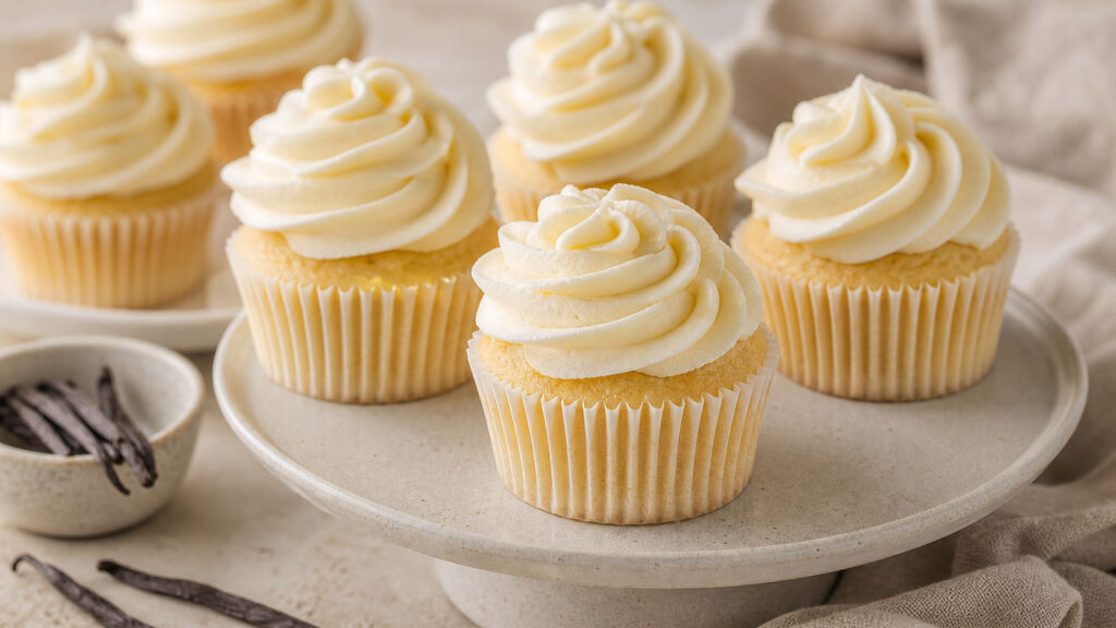 Vanilla cupcakes with creamy frosting on a light dessert plate