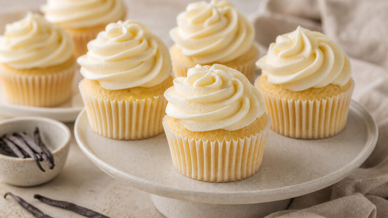 Vanilla cupcakes with creamy frosting on a light dessert plate
