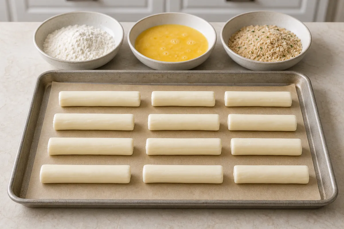 Cut and prepare for Baked Mozzarella Sticks