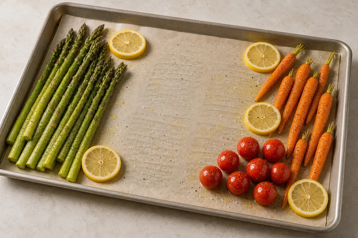 Season the vegetables for Baked Salmon with Vegetables