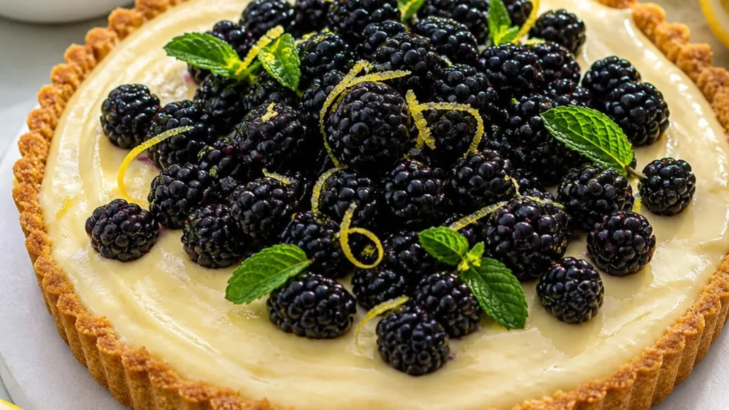 Finished Blackberry Lemon No-Bake Tart ready to serve