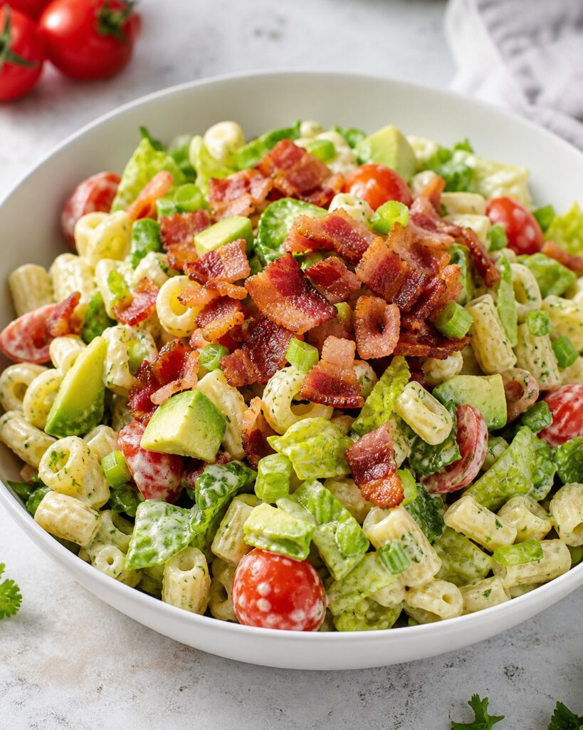 Finished BLT Avocado Pasta Salad ready to serve