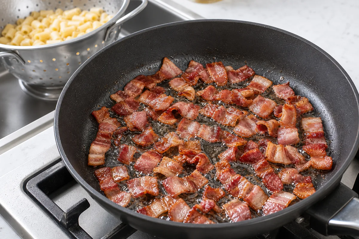 Render the bacon for BLT Avocado Pasta Salad