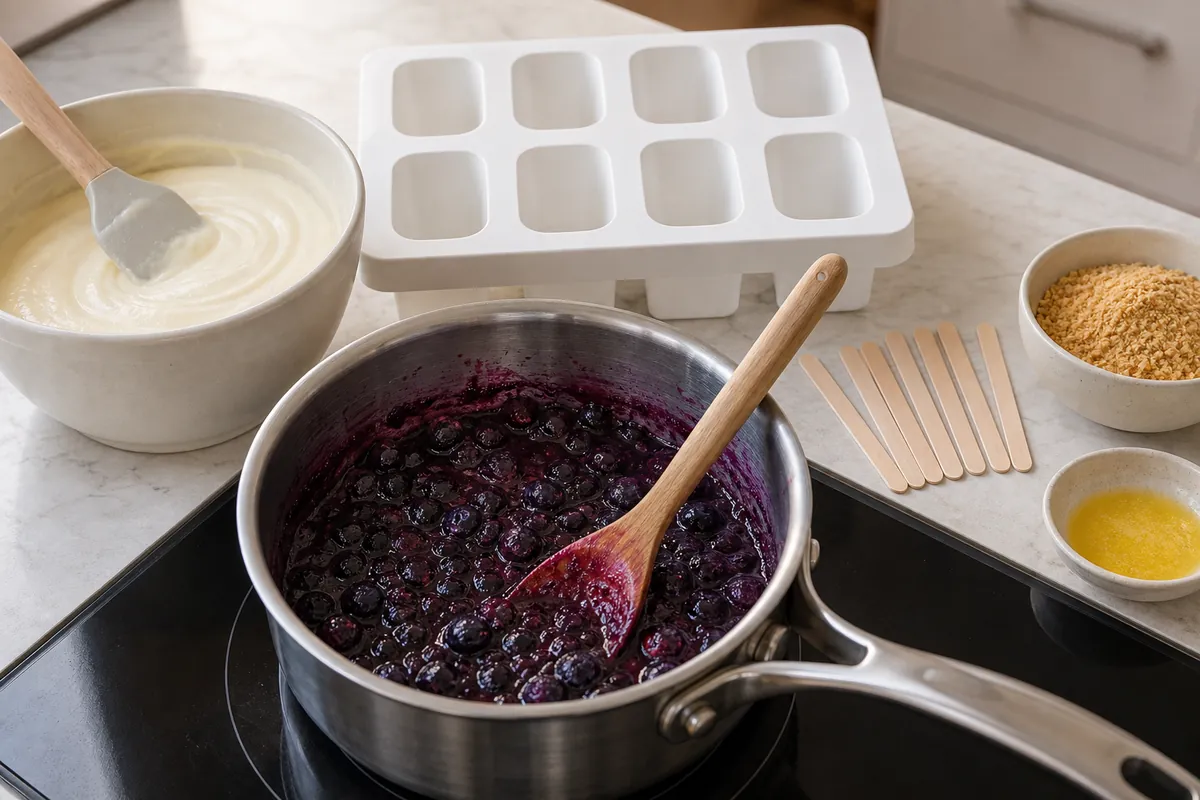 Cook the blueberry swirl for Blueberry Cheesecake Popsicles