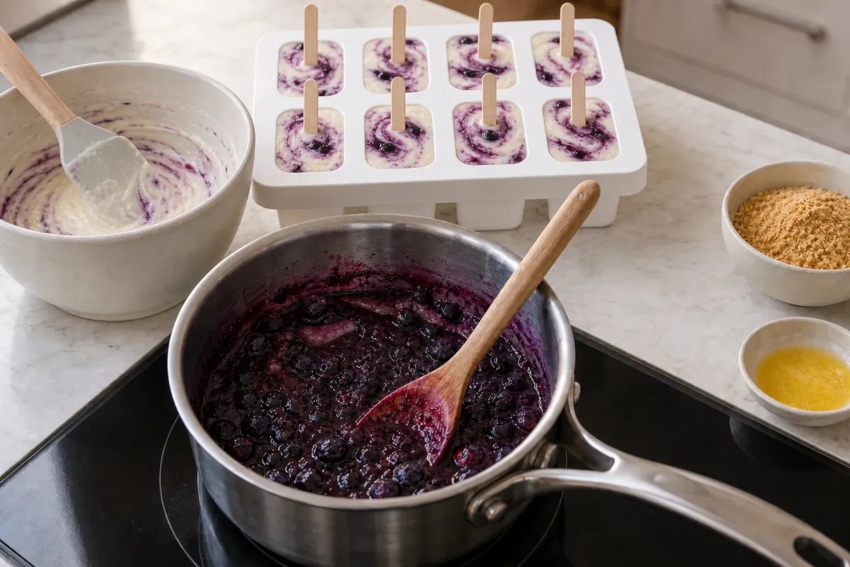 Fill the molds for Blueberry Cheesecake Popsicles
