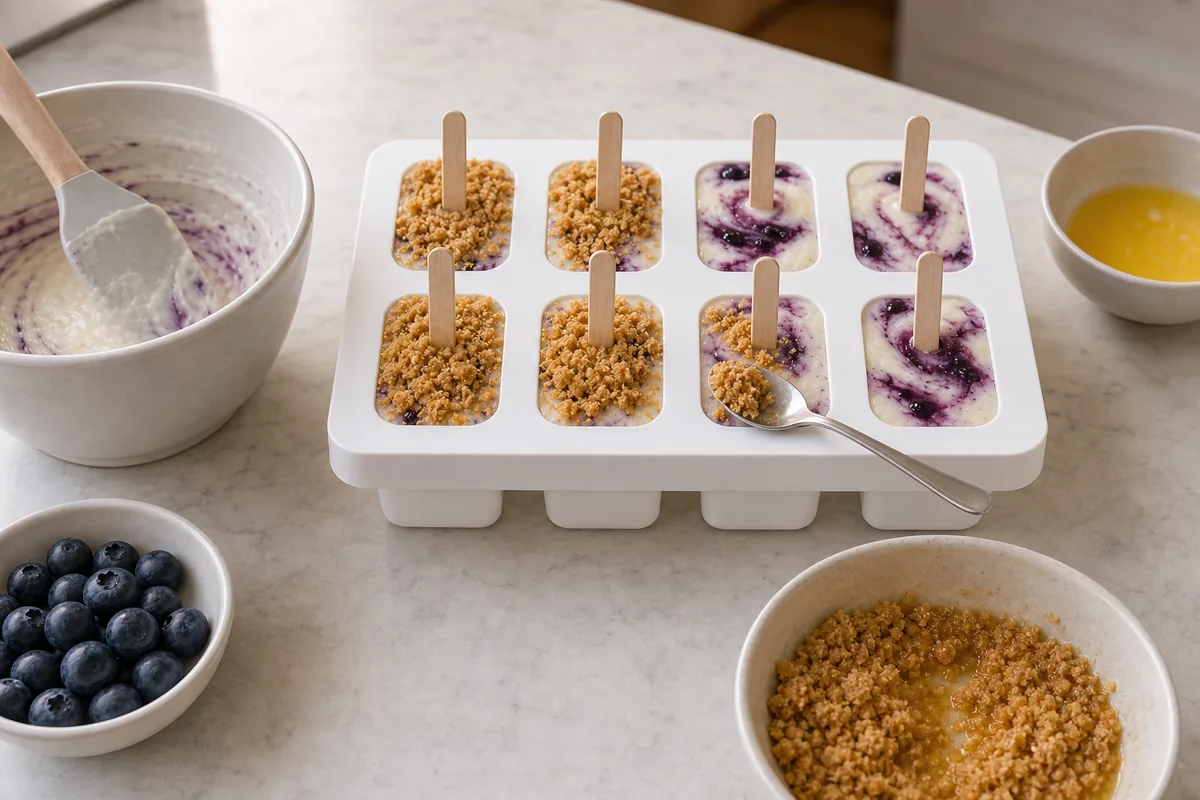 Add the crumbs for Blueberry Cheesecake Popsicles