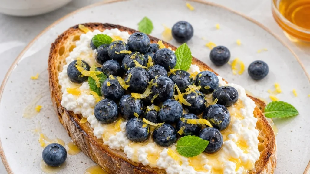 Blueberry lemon cottage cheese toast topped with fresh blueberries, honey, mint, and lemon zest