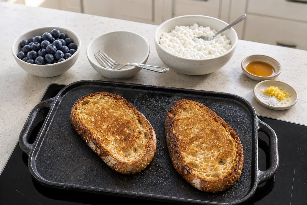 Toast the bread for Blueberry Lemon Cottage Cheese Toast
