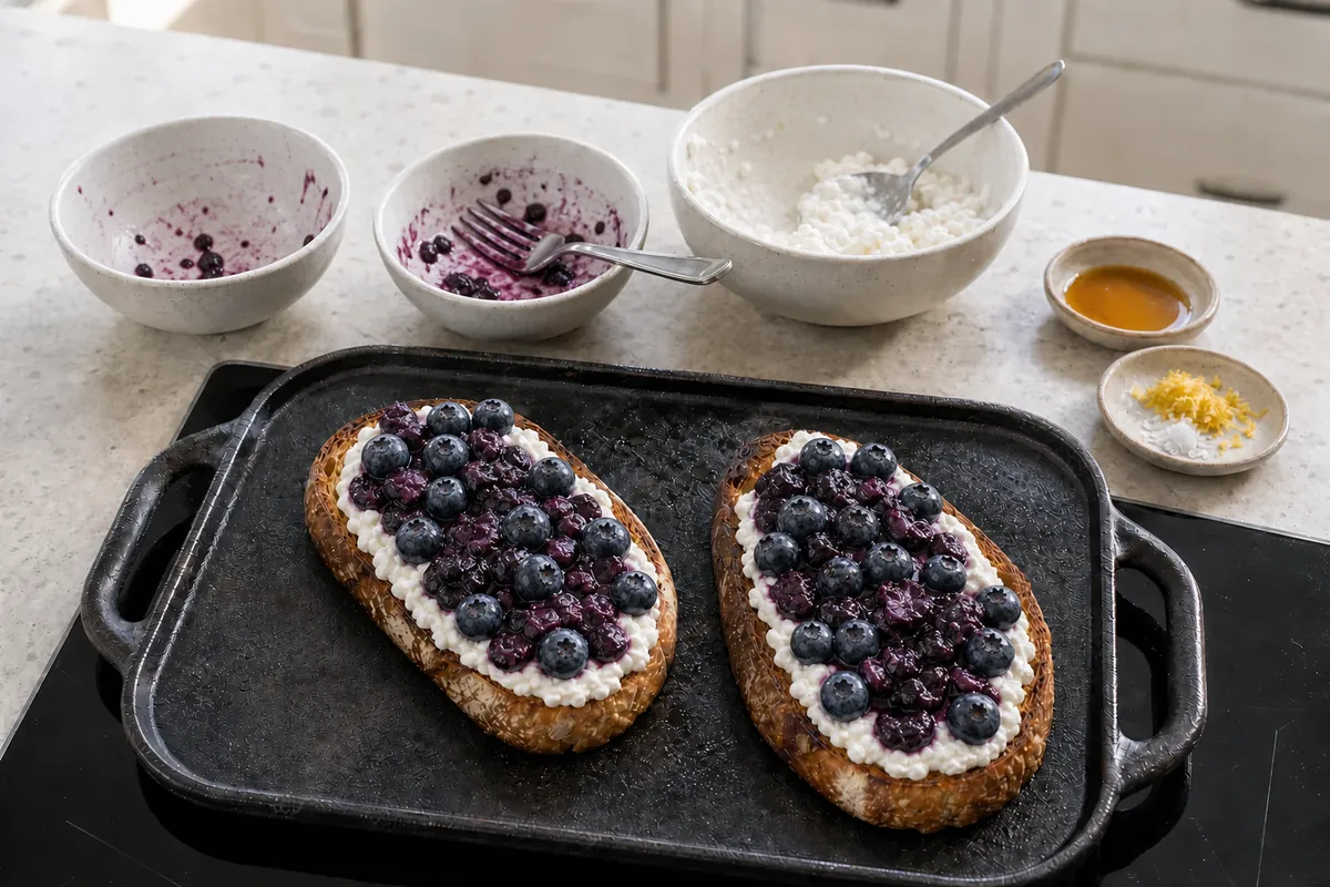 Assemble the toast for Blueberry Lemon Cottage Cheese Toast