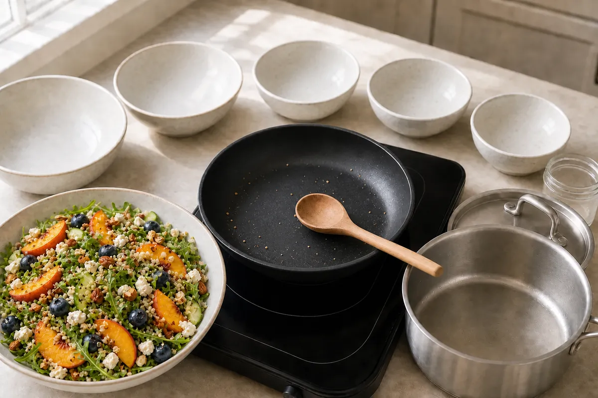Add fruit and finish for Blueberry Peach Quinoa Salad