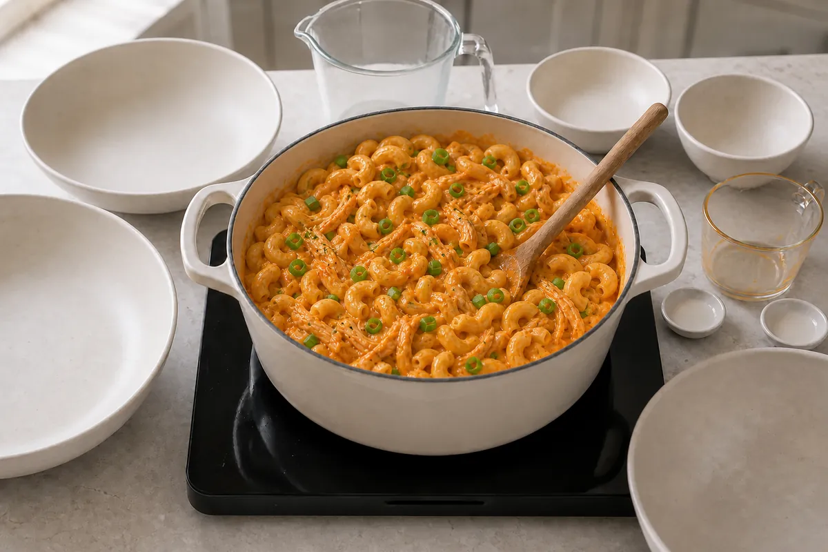 Combine and serve for Buffalo Chicken Mac and Cheese