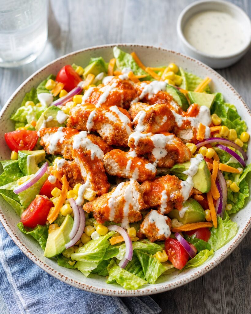 Buffalo chicken ranch salad with crispy sauced chicken, romaine, avocado, corn, tomatoes, shredded cheddar, carrots, and red onion
