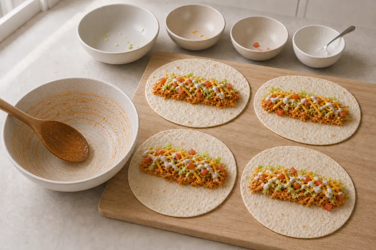 Add the fillings for Buffalo Chicken Wraps