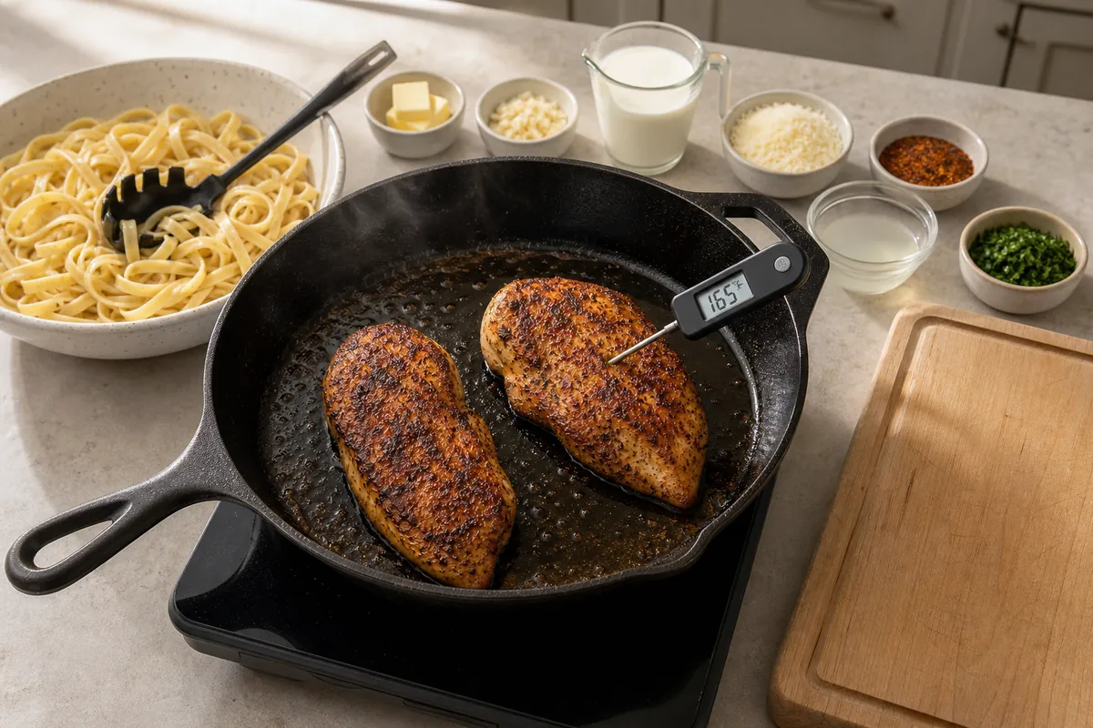 Cook the chicken for Cajun Chicken Alfredo