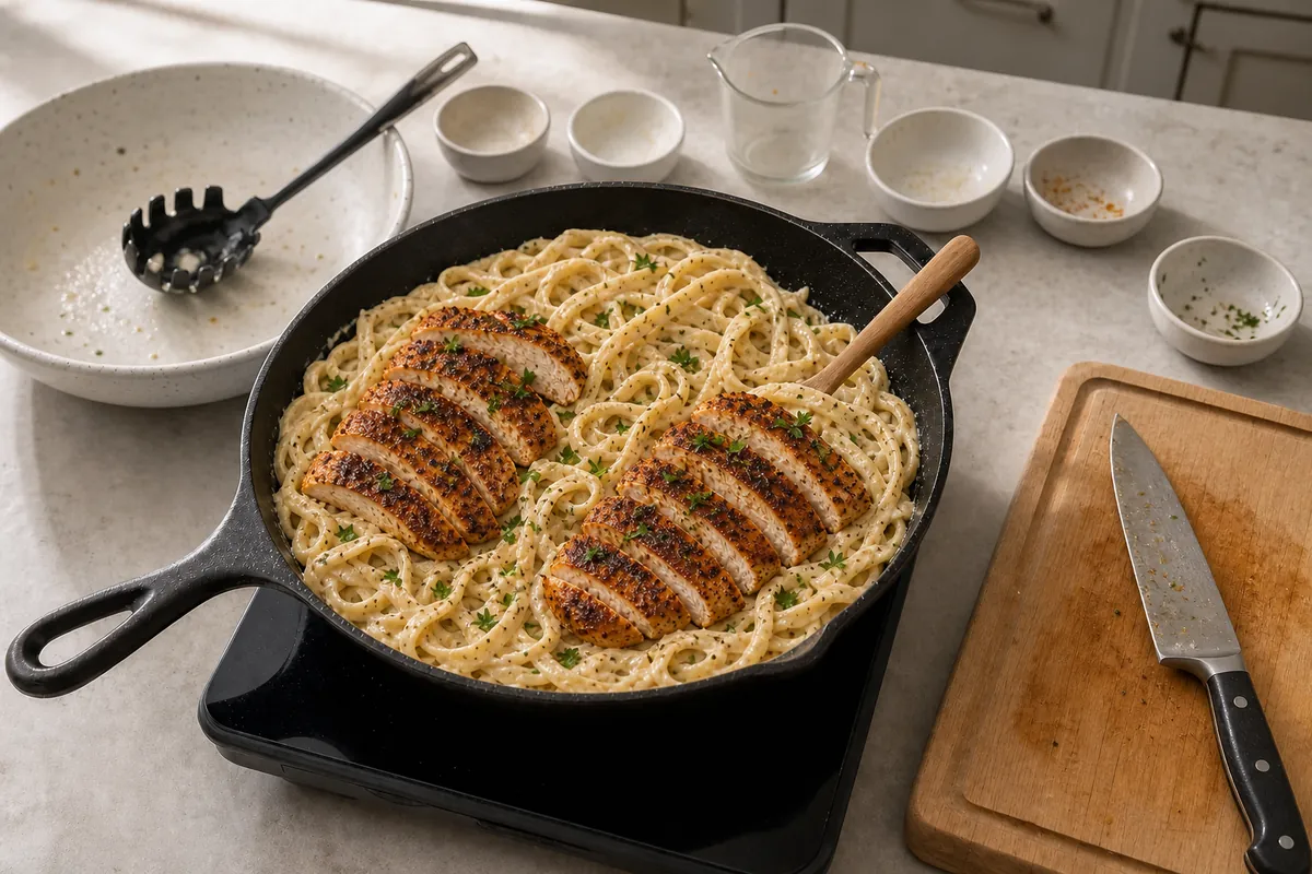 Combine and serve for Cajun Chicken Alfredo