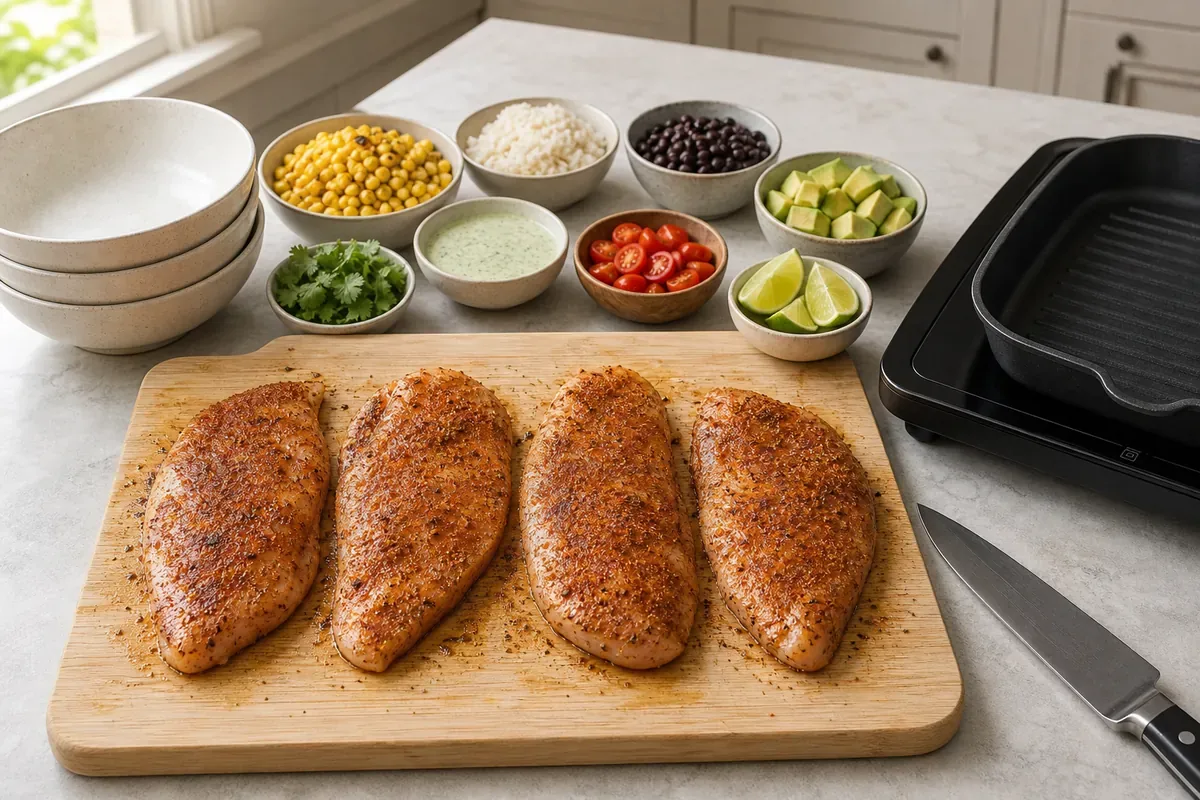 Prepare and season the chicken for Cajun Grilled Chicken Corn Bowls