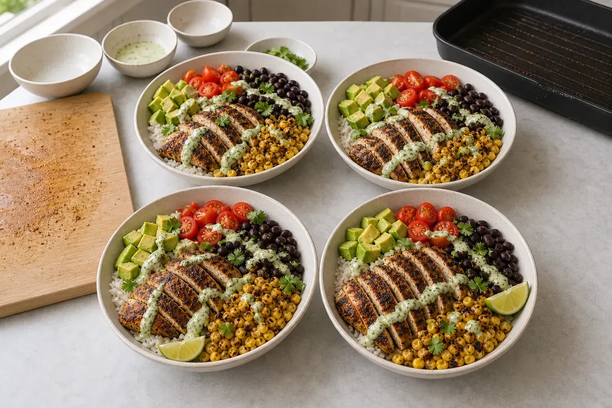 Assemble and finish the bowls for Cajun Grilled Chicken Corn Bowls
