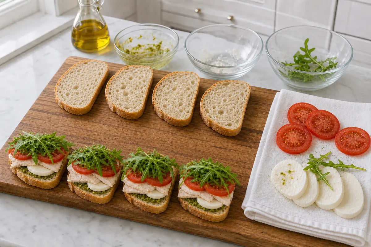 Build the sandwiches for Caprese Pesto Turkey Panini