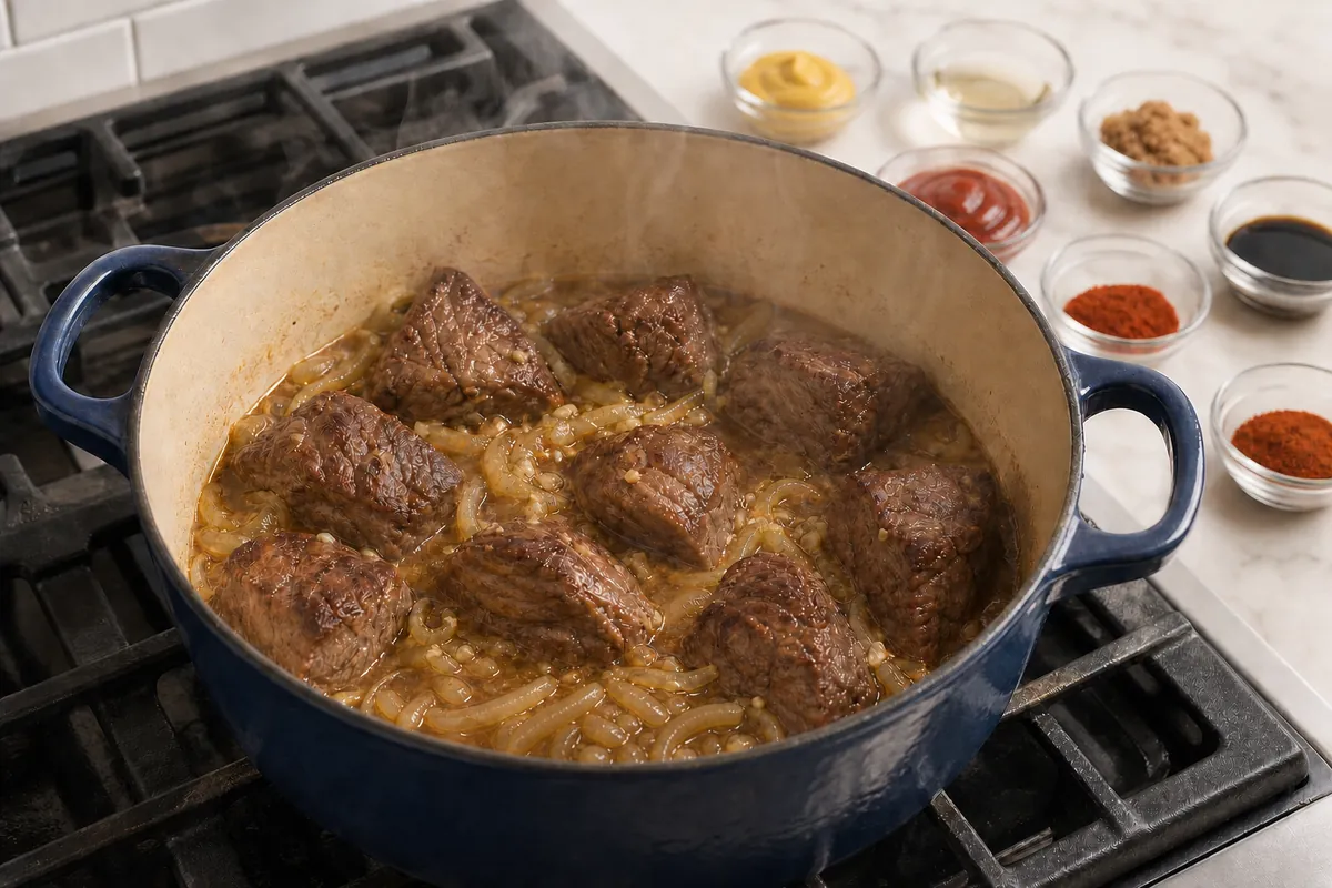 Build the braise for Carolina BBQ Pulled Beef Sandwiches
