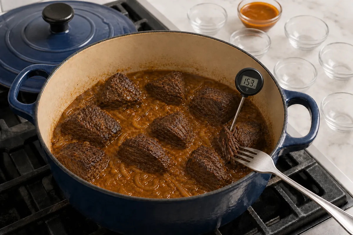 Braise until tender for Carolina BBQ Pulled Beef Sandwiches