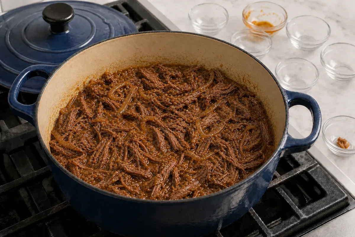 Shred and reduce for Carolina BBQ Pulled Beef Sandwiches