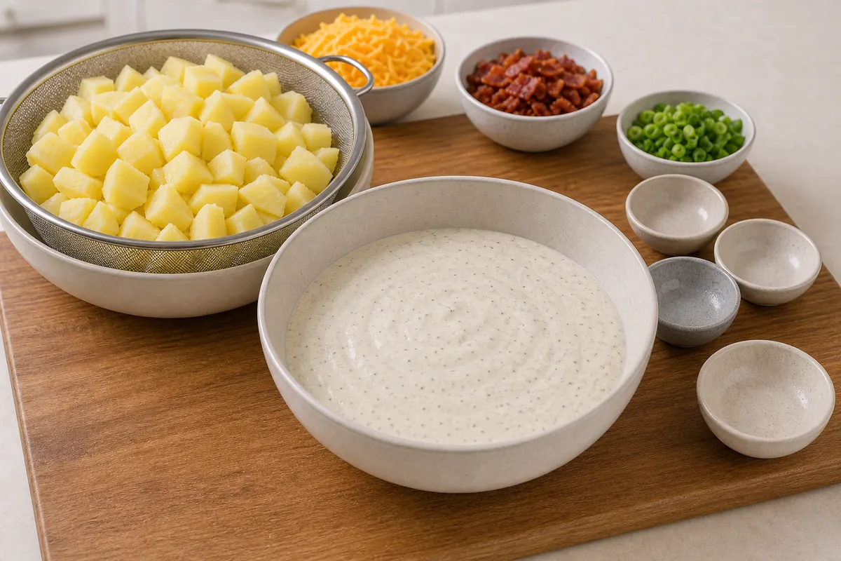 Make the dressing for Cheddar Bacon Ranch Potato Salad