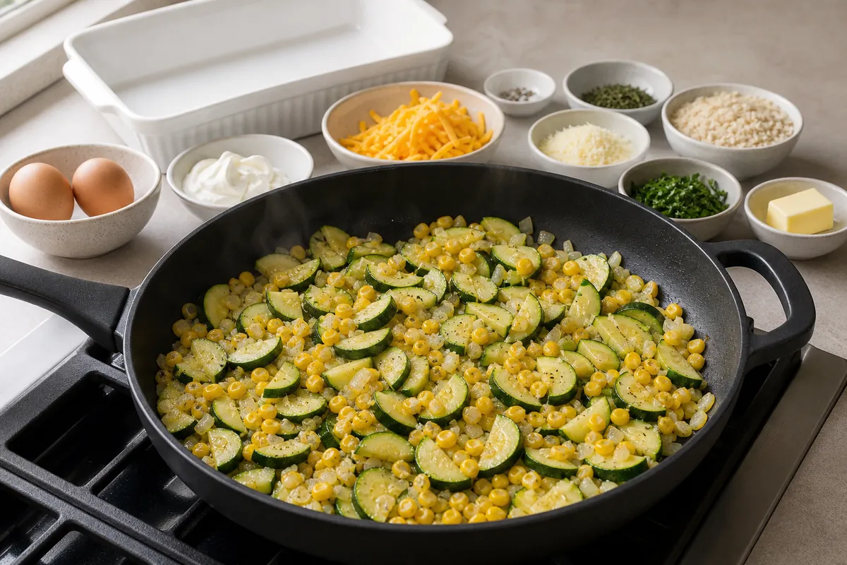 Saute the vegetables for Cheesy Zucchini Corn Casserole