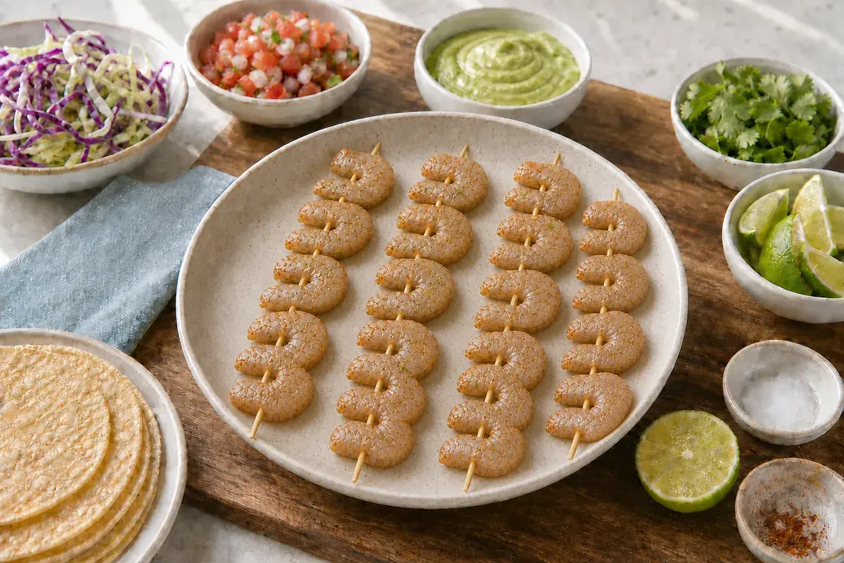 Skewer the shrimp for Chili Lime Grilled Shrimp Tacos