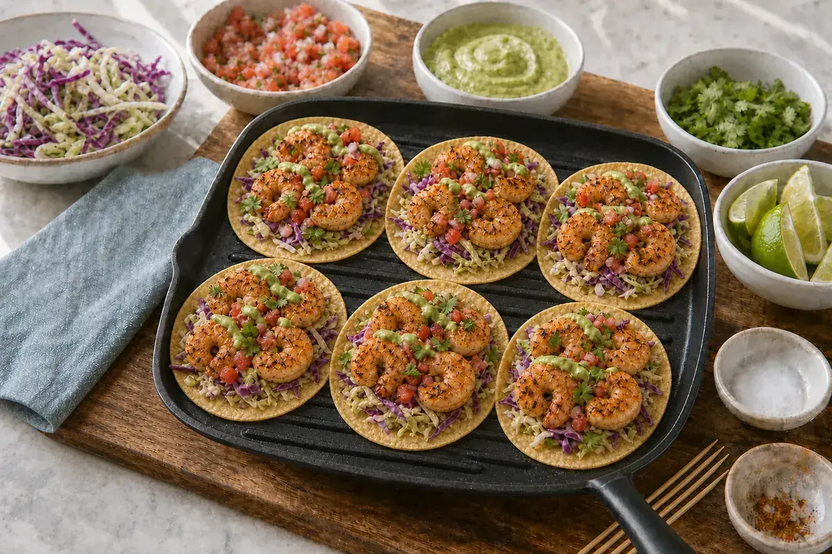 Assemble the tacos for Chili Lime Grilled Shrimp Tacos